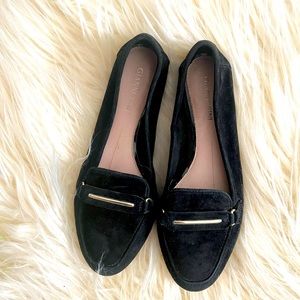 Gianni Bini Black Suede Loafers with Gold Bar Detail — Size 6.5